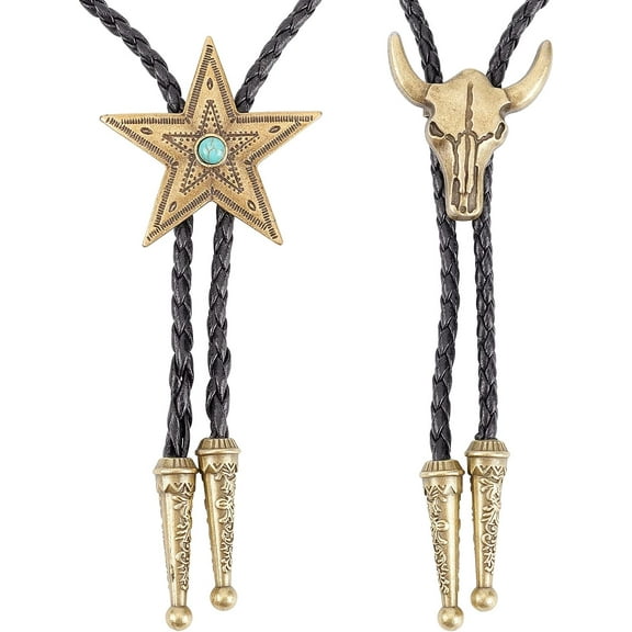 2 Styles Leather Bolo Tie Necktie Horse Cow Texas Ranger Star Chain Turquoise Western Cowboy Rope Cord Pendant Necklace Jewelry Costume Accessories for Men Rodeo for DIY