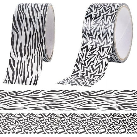 2 Styles Lightning Bolt Packing Tape Zebra Stripes Self Adhesive Decorative Paper Tape Roll Gift Boxes Wrapping Tape for DIY Art Craft Business Sealing Boxes Mail Boxes Supplies 16.4 Yards Black