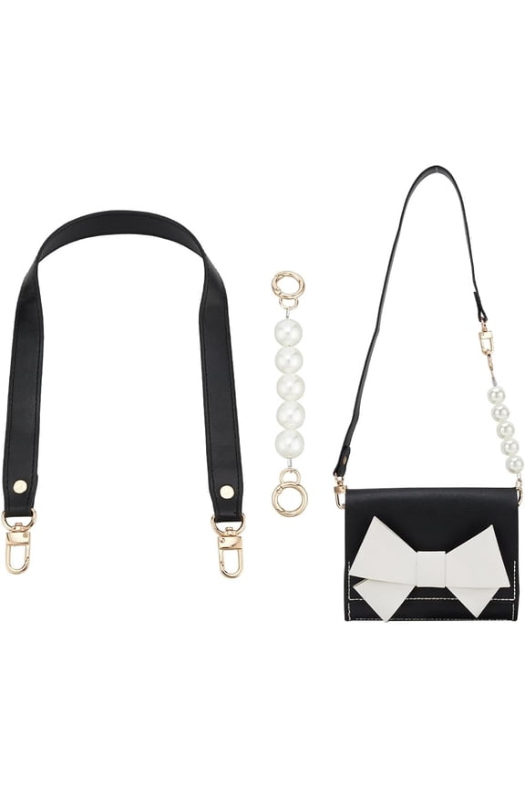 2 Styles Purse Handle Strap 23.6 Inch Short PU Leather Handbag Shoulder Strap 6.7 Inch Round Pearl Beaded Bag Strap Extenders Chain DIY Bag Chain Strap Conversion Kit for Wallet Clutch Black DIY