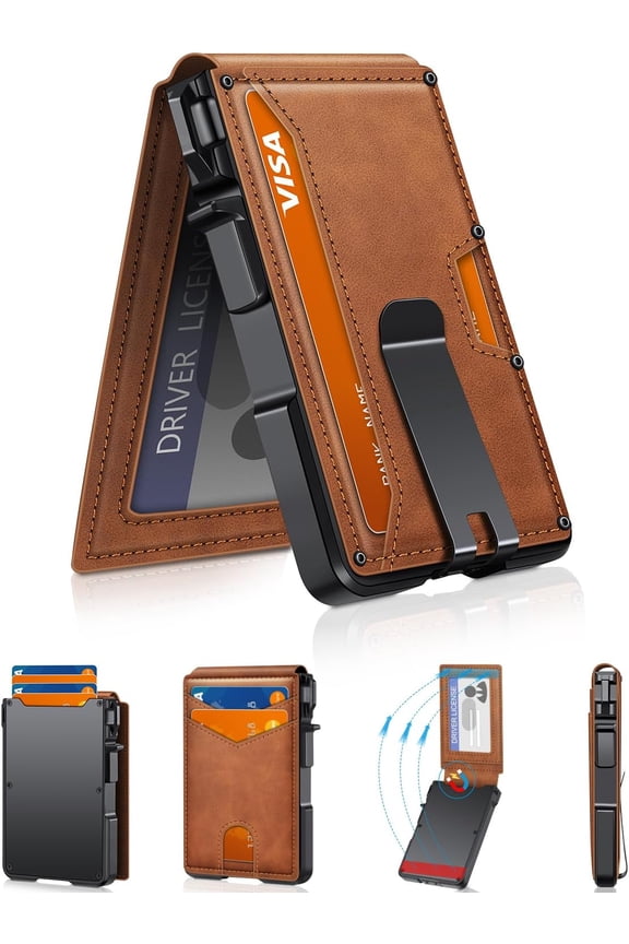 2 Styles RFID Blocking Minimalist Card Holder Wallet, Leather & Carbon Fiber Pop Up Card Case with Money Clip, Slim Anti-Theft Credit Card Wallet for Men