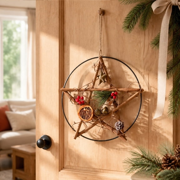 2 Styles Rustics Twig Pentagram Wreath Natural Wood Star Front Door Hanging Ornament With Pinecone Berry BellFarmhouse Christmas Winter Wall Decor Wreath Multicolor B