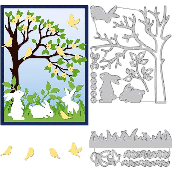 2 Styles Spring Theme Cutting Dies Stencils Easter Rabbit Tree Birds Carbon Steel Embossing Stencil Cut Stencils