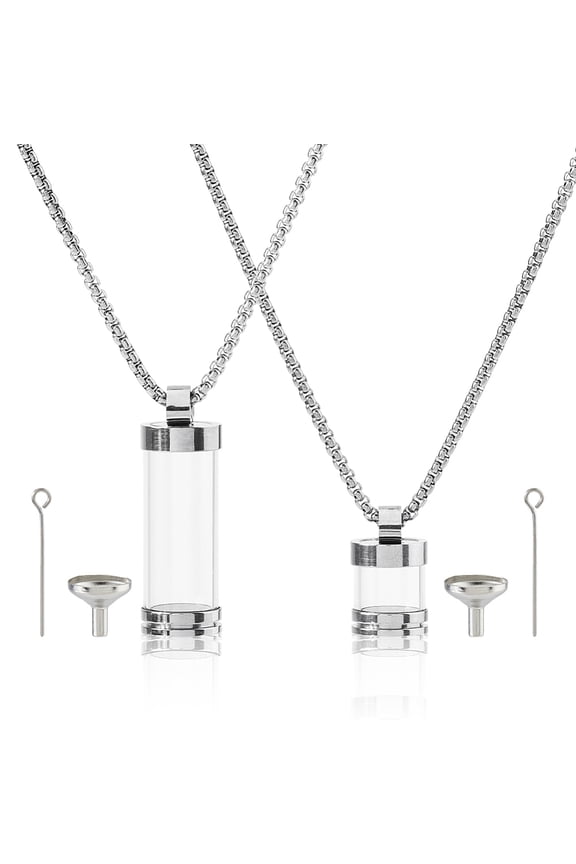 2 Styles Stainless Steel Glass Bottle Pendant Openable Memorial Keepsake Cremation Necklace Glass Ashes Holder Necklace with Eye Pin and Funnel DIY