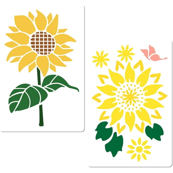 2 Styles Sunflower Stencils 11.8x8 Inch Reusable Plastic Large Sun Flower Floral Butterfly Drawing Template for Painting on Wood Crafts Canvas Paper Fabric Home Decor Scrapbooking