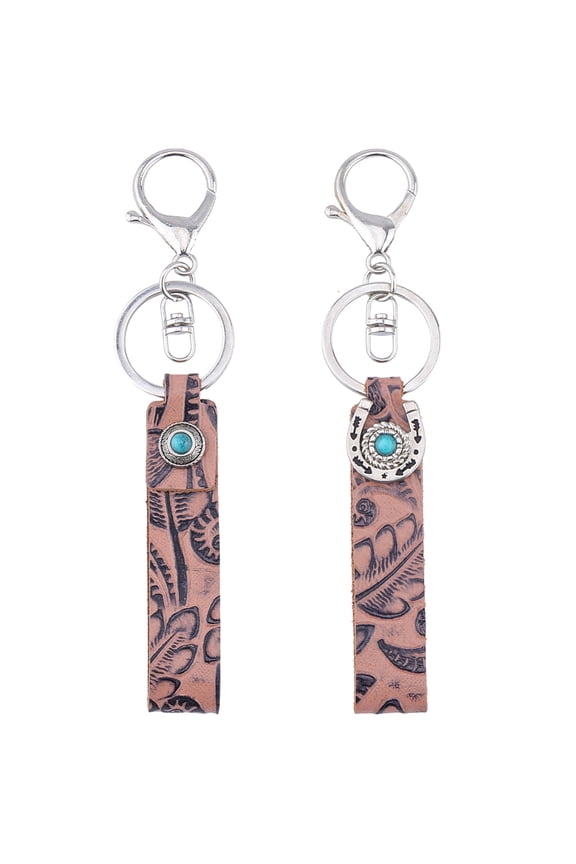 2 Styles Turquoise Embossed Genuine Leather Universal Keychains Western Cowhide Car Key Chains Vintage Leather Key Fob Holder Keyring