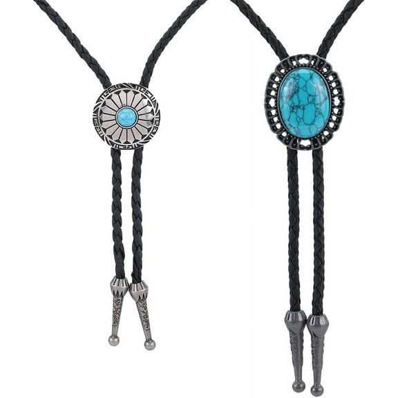 2 Styles Vantage Bolo Tie Cowboy Leather Turquoise Stone Necktie Western Native American Retro Rope Cord Pendant Necklace for Costume Accessories Men Women