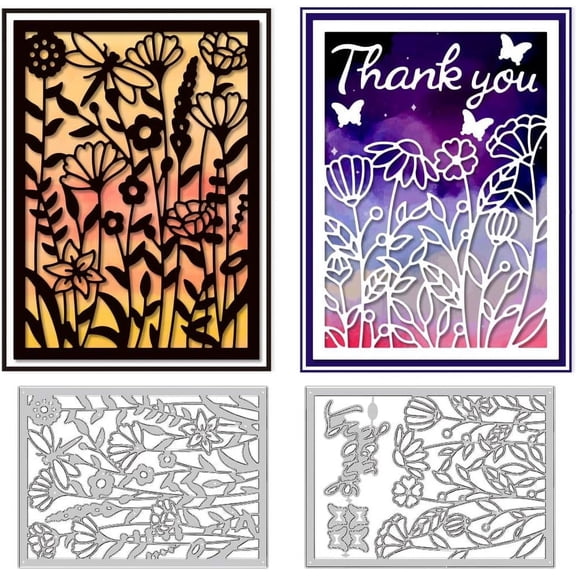 2 Styles Wildflower Background Frame Cutting Dies Card Making Die Cut Florid Carbon Steel Die Cuts Stencils Scrapbooking Embossing Template Dies for Craft Album Birthday Gift Decor Gray DIY