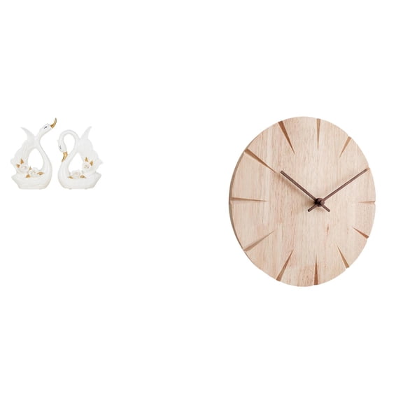 2 Swan Statues Ceramic Table Sculpture Solid Wood Round Wall Clock Elegant Decor for Living Room Office Gift