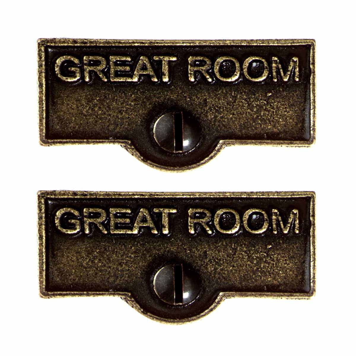 2 Switch Plate Tags GREAT ROOM Name Signs Labels Cast Brass Traditional