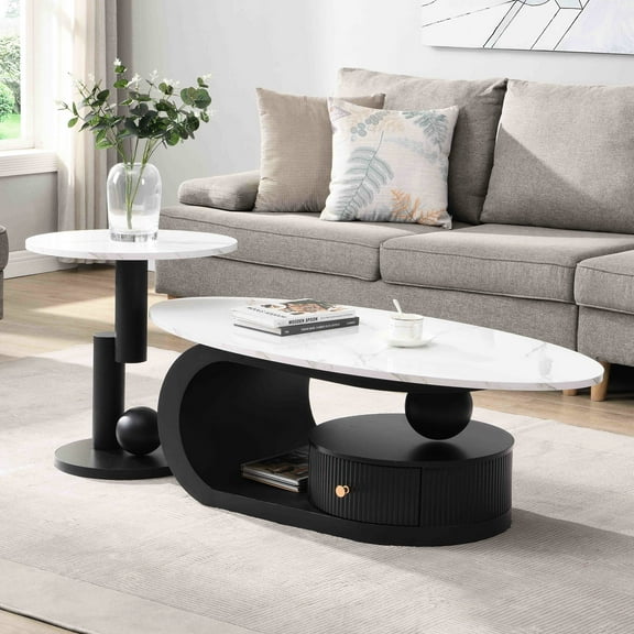 2 Table For Home - Contemporary Oval And Round Tables With Faux Marble Plastic Drawer Steel Frame Stylish & Functional Living Room Coffee End Of 2 Elegant Strong Black Metal Quick Assembly