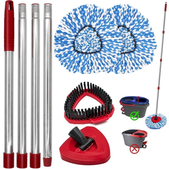 2-Tank Spin Mop Replacement Set for O-Ceda EasyWring 2-Tank System, Includes 2 Mop Head Replacement, 1 Mop Handle (30-58in Adjustable 4-Section Pole), 1 Scrubber Head, 1 Spin Base
