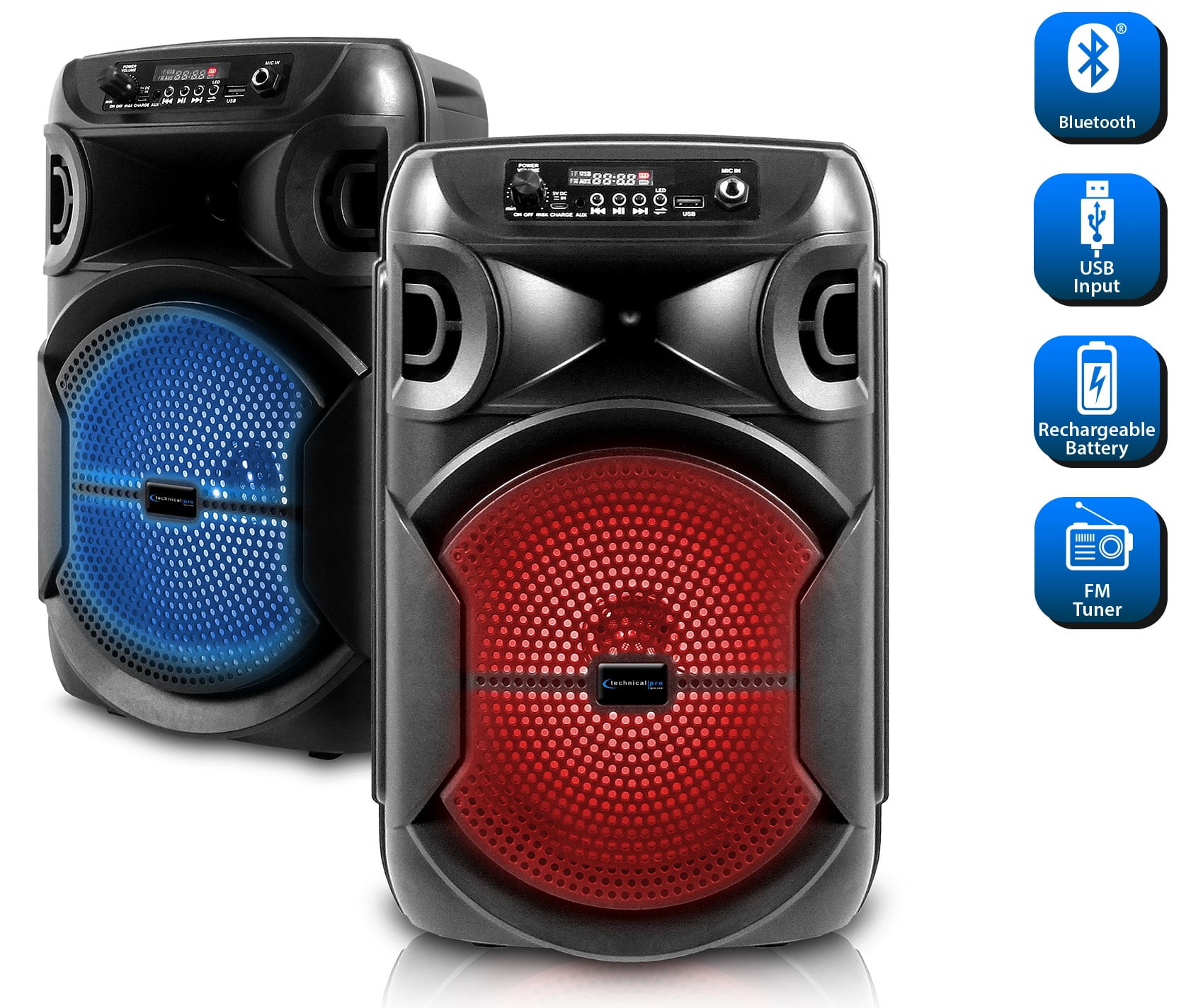 (2) Technical Pro BOOMPACK8 8" Powered Wireless Rechargeable Bluetooth Speakers