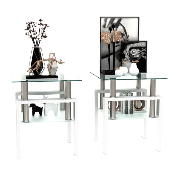 Of 2 Tempered Glass Coffee Tables, Modern Square Design For Home Interior, Transparent/white, 150lbs Weight Capacity, Easy To Assemble And Clean Table End (2pcs), Square, Living Room Decoration,