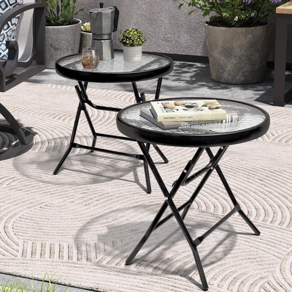 2 with Tempered Glass Top 18" Folding Outdoor Side Tables Set of 2 Small Glass Patio End Tables for Porch Yard Balcony Deck Lawn Dining Garden (Black)