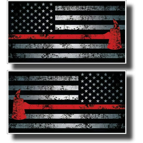 2 Thin Red Line Firefighter Firemen Helmet Axe American Flag Vinyl Decal Sticker
