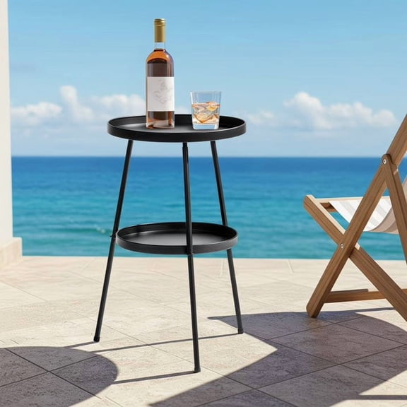 2-Tie Patio Indoor & Outdoor Side Table , Weather-Resistant Steel Round End Table for Porch, Poolside, Bedroom, Living Room, Black
