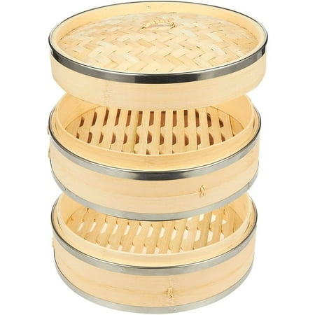 Juvale 2-Tier Steamer Pot Insert with Steel Rings - 10" x 6.5", Beige - Bamboo & Steel Stackable Basket for Rice & Dumpling Steamer for Vegetables