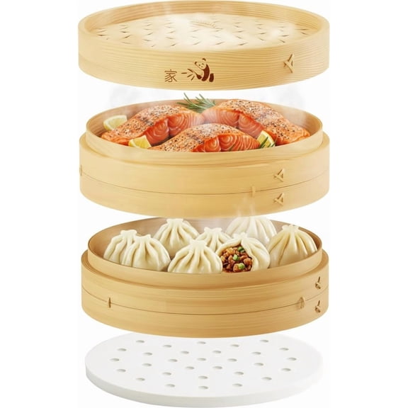 2-Tier 12-Inch Bamboo Steamer Basket with 50 Liners, Chopsticks & Sauce Dish for Steaming Dumplings, Dim Sum, Bao Buns, Vegetables, and Rice