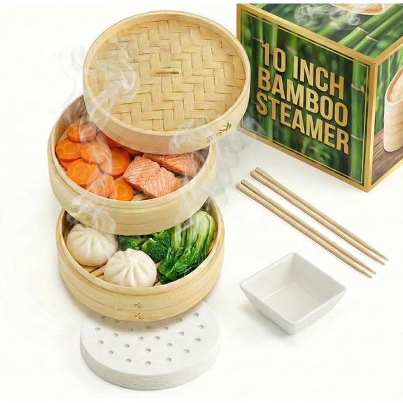 2-Tier 12-Inch Bamboo Steamer Basket with 50 Liners, Chopsticks & Sauce Dish for Steaming Dumplings, Dim Sum, Bao Buns, Vegetables, and Rice