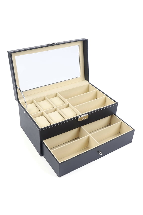 2 Tier 15 Slots Jewelry Display Box Watch Sunglass Storage Case Organizer Collector with Glass Window PU Leather Durable Black