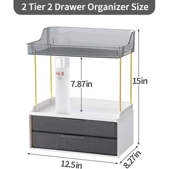2-Tier 2-Drawer Bathroom Countertop Organizer, Grey Makeup Storage Rack with Large Capacity