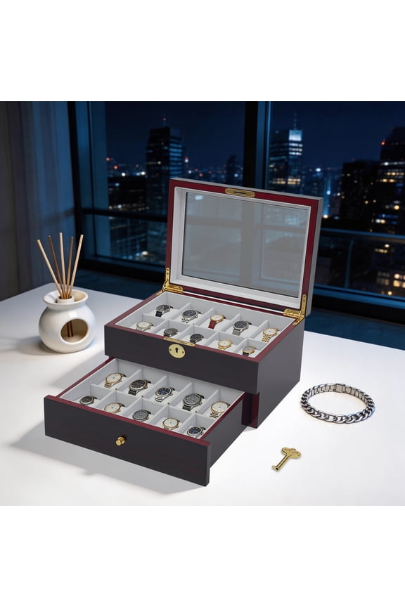 2 Tier 20-Slot Watch Box Wood Display Case Glass Top Jewelry Storage Box+Lock