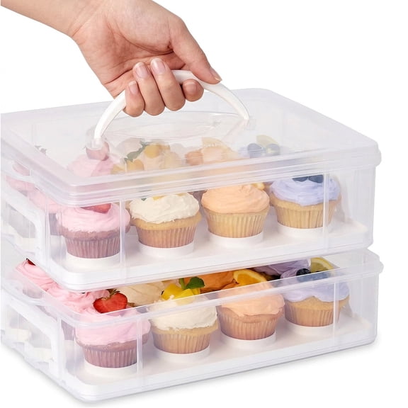 2 Tier 24 Cupcake Carrier, Clear Plastic Cupcake Holder with Lid and Handle, Portable Stackable Cake Transport Container for Cookies, Pies, Muffins & Pastries