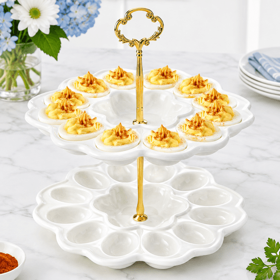 2 Tier 24-Hole Ceramic Deviled Egg Platter, Detachable Serving Tray for Parties and Meals
