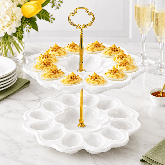 2 Tier 24-Hole Deviled Egg Platter, Detachable Ceramic Serving Tray
