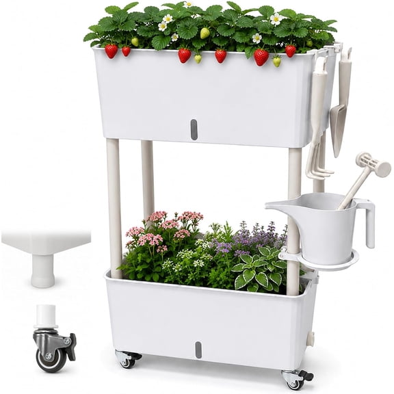 2-Tier 27.8"H Rolling Raised Garden Bed with Wheels, Self Watering Planter Box with Visible Water Level, Gray Rustproof Plastic & Strawberry Planter for Indoor Outdoor Vegetables , DIY Kit