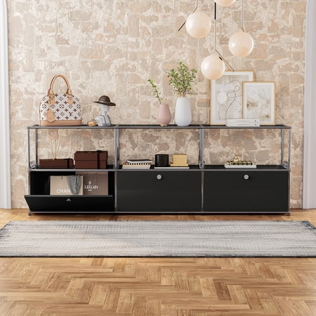 2-Tier 3 Door Metal Storage Cabinet 89.6" Accent Steel Locker Cabinet Free-Standing Storage Organizer for Home Office Garage Black