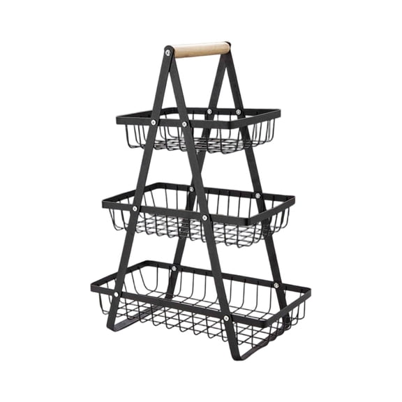 2-Tier/3-Tier Wire Storage Basket With Wooden Handle, Foldable Design For Fruits, Vegetables, And Kitchen Countertop Display,S