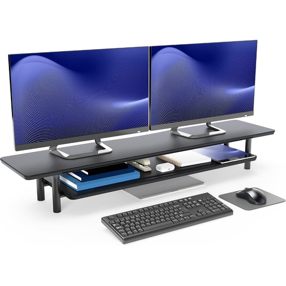 2-Tier 42 x 11 Monitor Stand Riser, Laptop Riser, 2 Shelf Organizer with Phone Holder for Dual Monitors & Accessories, Holds 66 lbs Top, 22 lbs Bottom