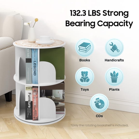 2-Tier 8-Compartment Rotating Bookshelf 360 Spinning Display Organizer with Thickened PVC Shelves