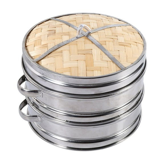 2-Tier 8-Inch Bamboo Food Steamer - Natural Chinese Dim Sum Rice Pasta Cooker with Lid
