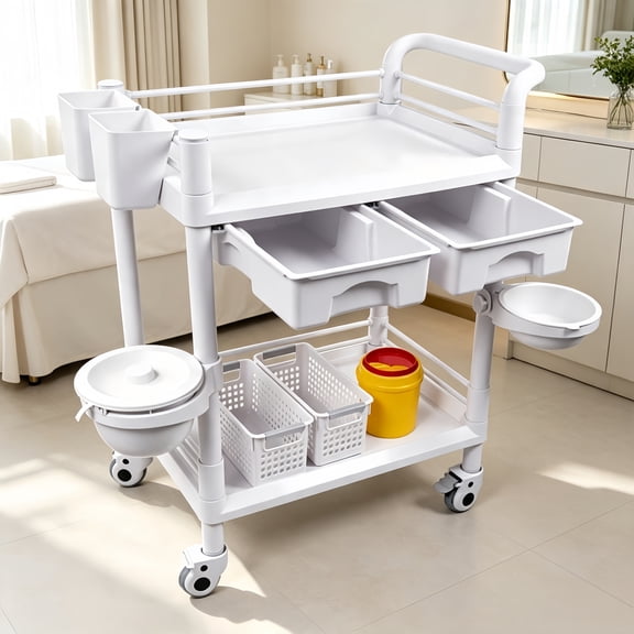 2Tier ABS Medical Cart with Drawers, Silent Locking Casters, HeavyDuty Rolling Storage Trolley for Hospital, Dental, Beauty Salon and Lab