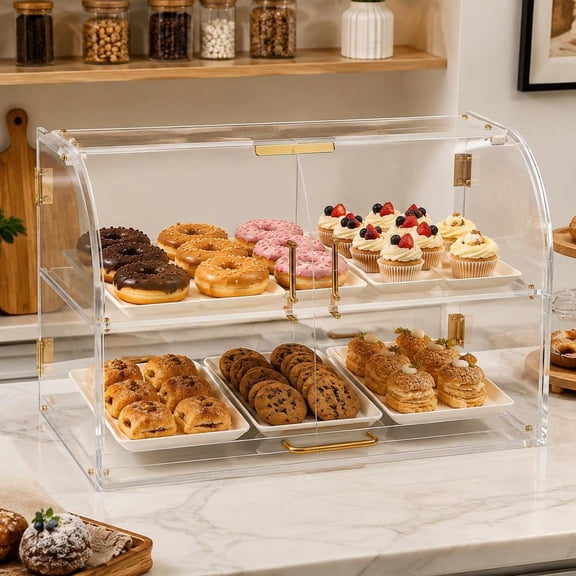 2-Tier Acrylic Bakery Display Case with Magnetic Rear Door for Cake, Cookie, Donut, 22 X 14 X 14 In