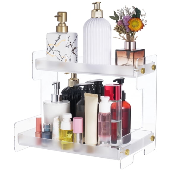2-Tier Acrylic Bathroom Organizer Countertop, Clear Cosmetic Organizer with Gold Rivets Decoration, Sturdy Vanity Dresser Arranger, Multi-Purpose Storage Rack for Kitchen, Living Room, Bedroom