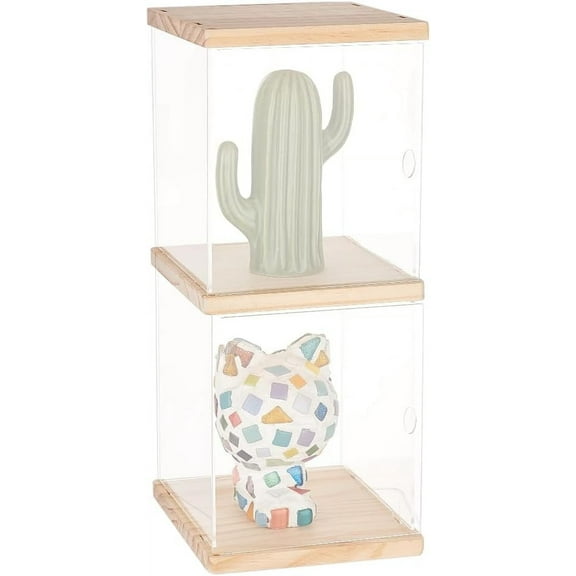 2 Tier Acrylic Figure Display Case 5.9x5.9x11.8inch Moccasin Wood Base & Top Storage Box Countertop Acrylic Building Block Display Box Action Figure Toys Storage Cabinet Mixed Color