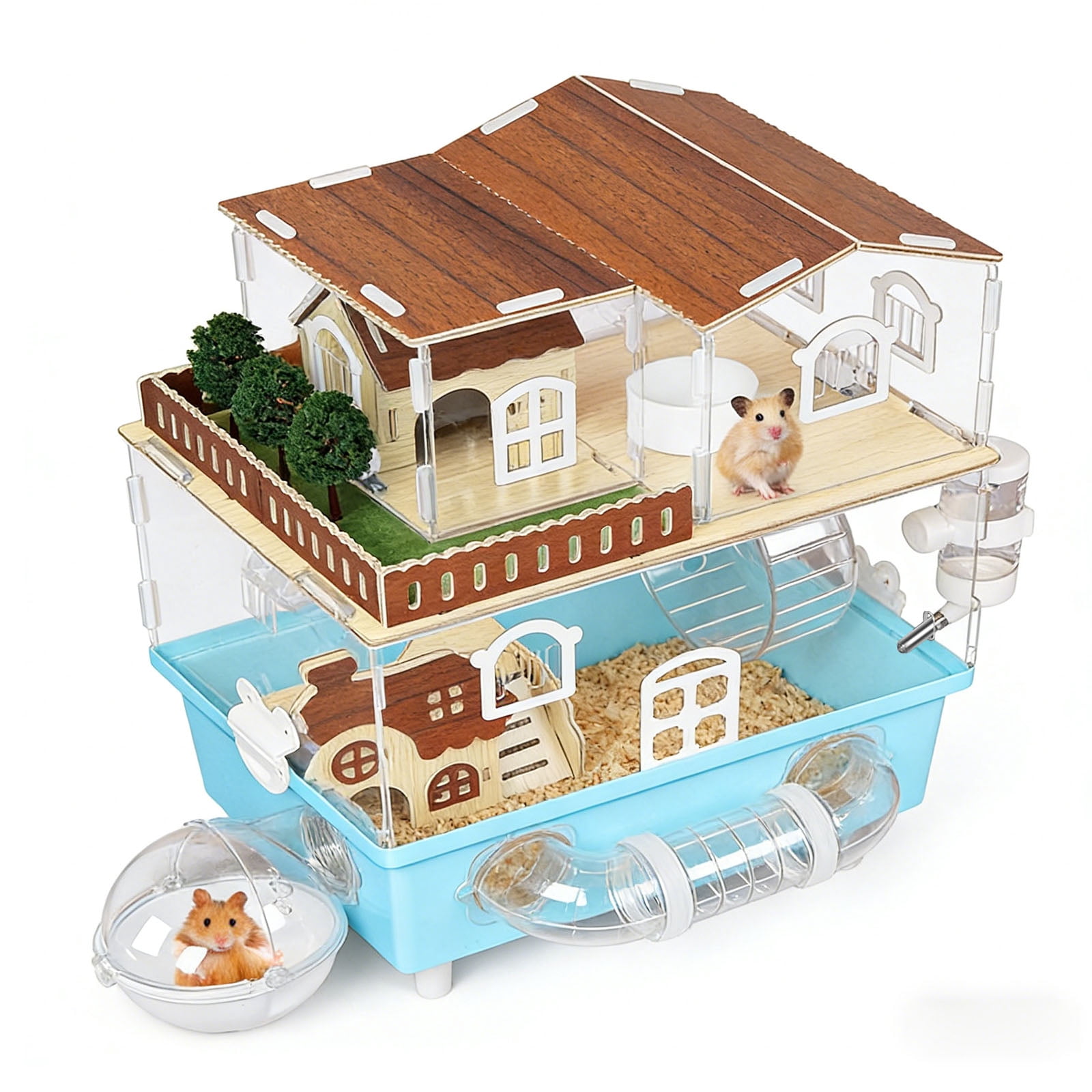 2-Tier Acrylic Hamster Cage Starter Kit, Small Animal Habitat with Hidden Houses, Tunnels, Silent Wheel, Water Bottle & Bath Area, 360° Transparent, Easy Clean