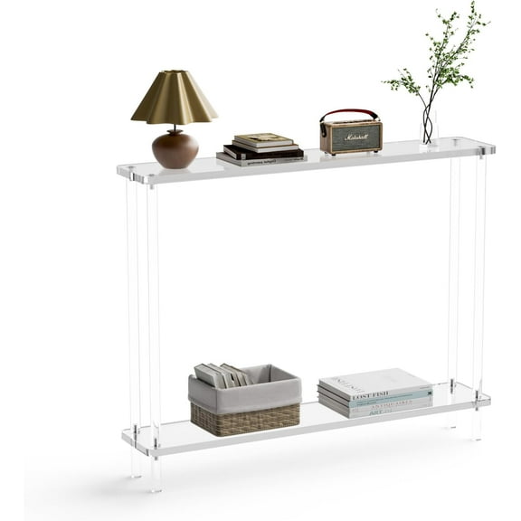 2-Tier Acrylic Narrow Console Table for Entryway, Clear Skinny Console Table, Acrylic Entryway Table for Foyer, Sofa, Hallway, Living Room, 39.4" L x 7.6" W x 30" H