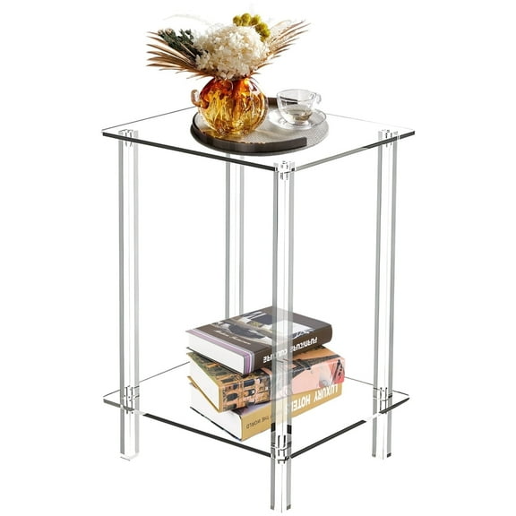 1 Pc 2-Tier Acrylic Square Side Table, Corner Tea Side Table for Home, Bedroom Bedside Table for Nightlight, Small End Table for Tight Spaces, Clear Coffee Table for Books(15.7 x 11.8'')