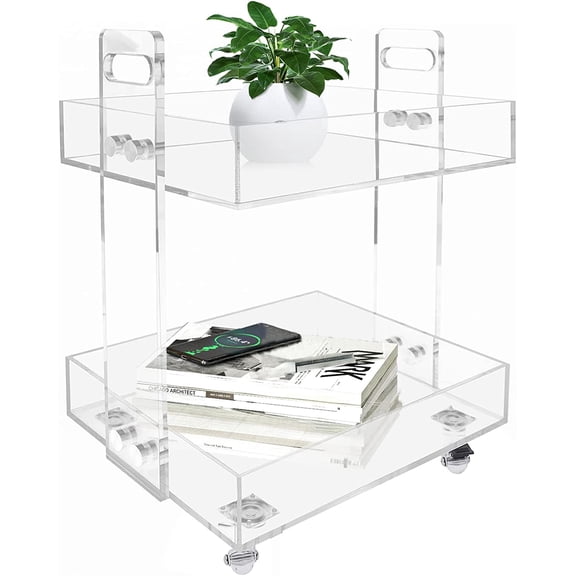 2-Tier Acrylic Tall Side Table 16x13Inch Clear End Table with Guardrails Wheels Floor Mount Acrylic Trolley for Store Documents, Books, and Cosmetics