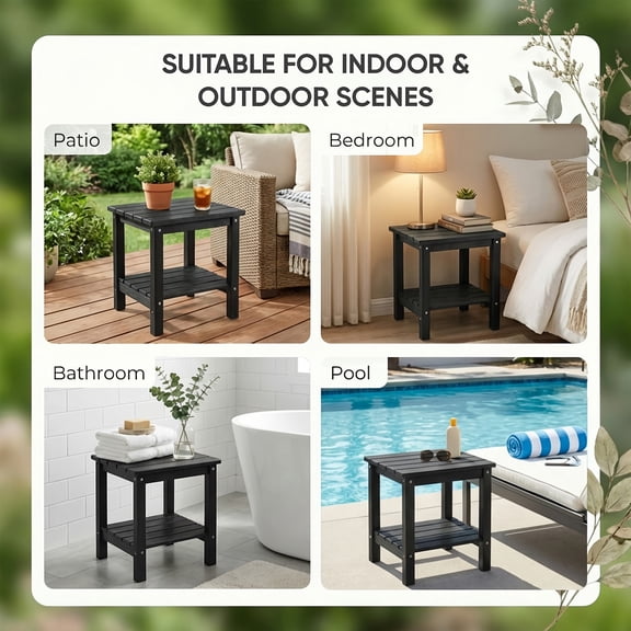 2-Tier Adirondack Square Side Table, 17" HDPE Outdoor Side Tables, Weather Resistant End Table for Patio, Backyard, Pool, Indoor Companion, Beach, Easy Maintenance, Halloween & Christmas Decorations