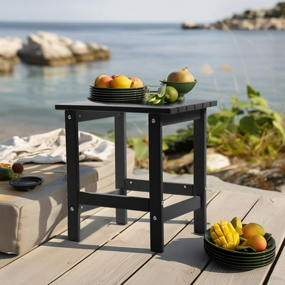 2-Tier Adirondack Square Side Table, Weather Resistant Outdoor & Indoor End Table, Easy Maintenance Black