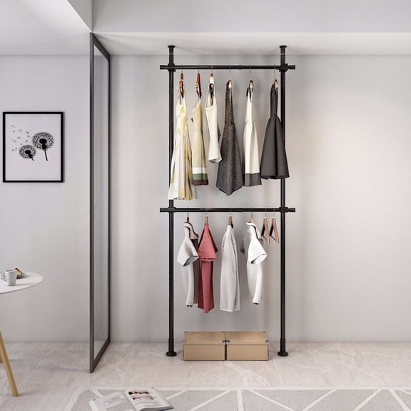 2 Tier Adjustable Telescopic Garment Rack, Shelf Stainless Steel, Clothes Hanger, Ceiling Laundry Drying Rack, Organizer Stand