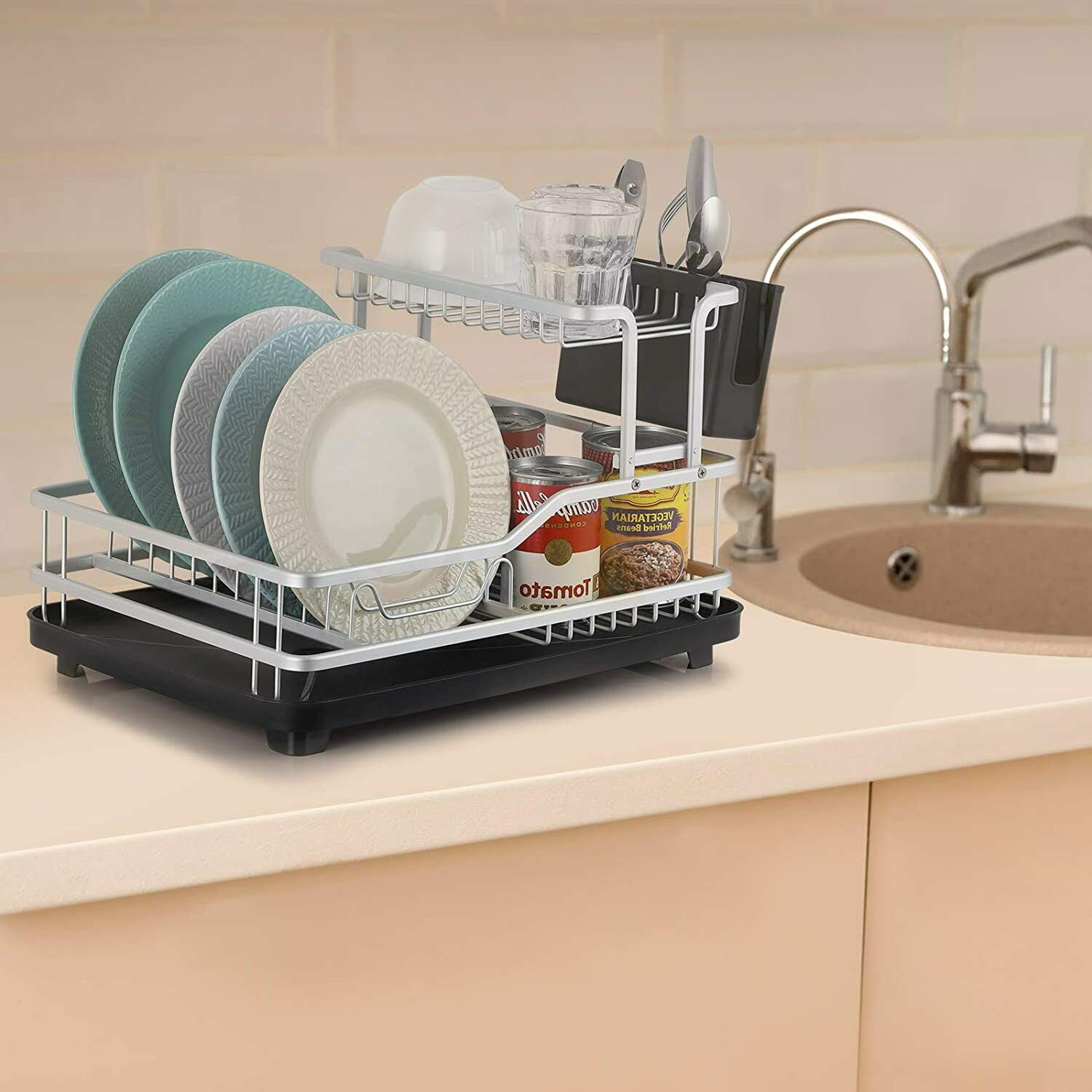 Oumilen Rose Gold Aluminum Dish Rack, Counter Rustproof Dish Storage with Cutlery Holder, Removable Drainer Tray