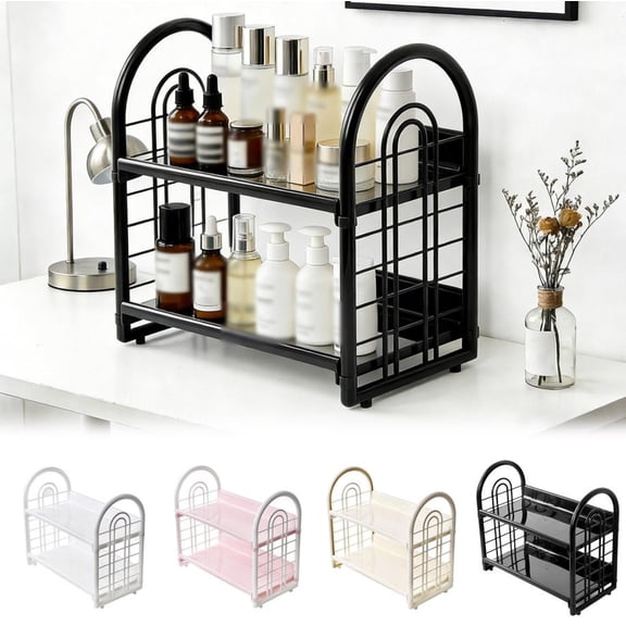 2 Tier Arched Hollow Desktop Storage Rack, Double Layer Minimalist Tabletop Organizer Shelf for Makeup Stationery Mugs Dorm Bathroom Counter,Black