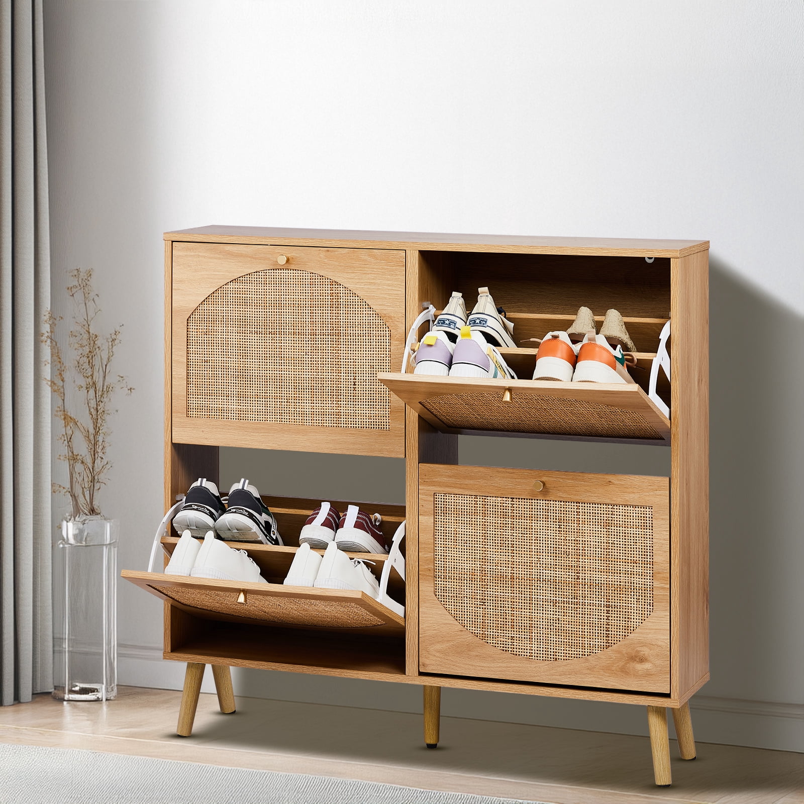 2-Tier Arched Rattan Flip-Down Shoe Cabinet, 12-16 Pair Capacity Melamine MDF Slim Organizer for Narrow Entryways