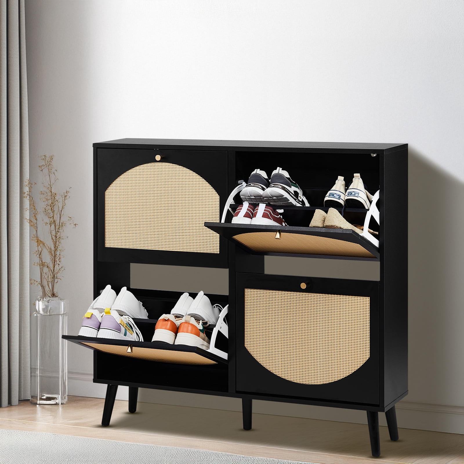 2-Tier Arched Rattan Flip-Top Shoe Cabinet, Black Frame Wood-Tone Rattan Panels, Space-Saving Storage for Entryway Hallway